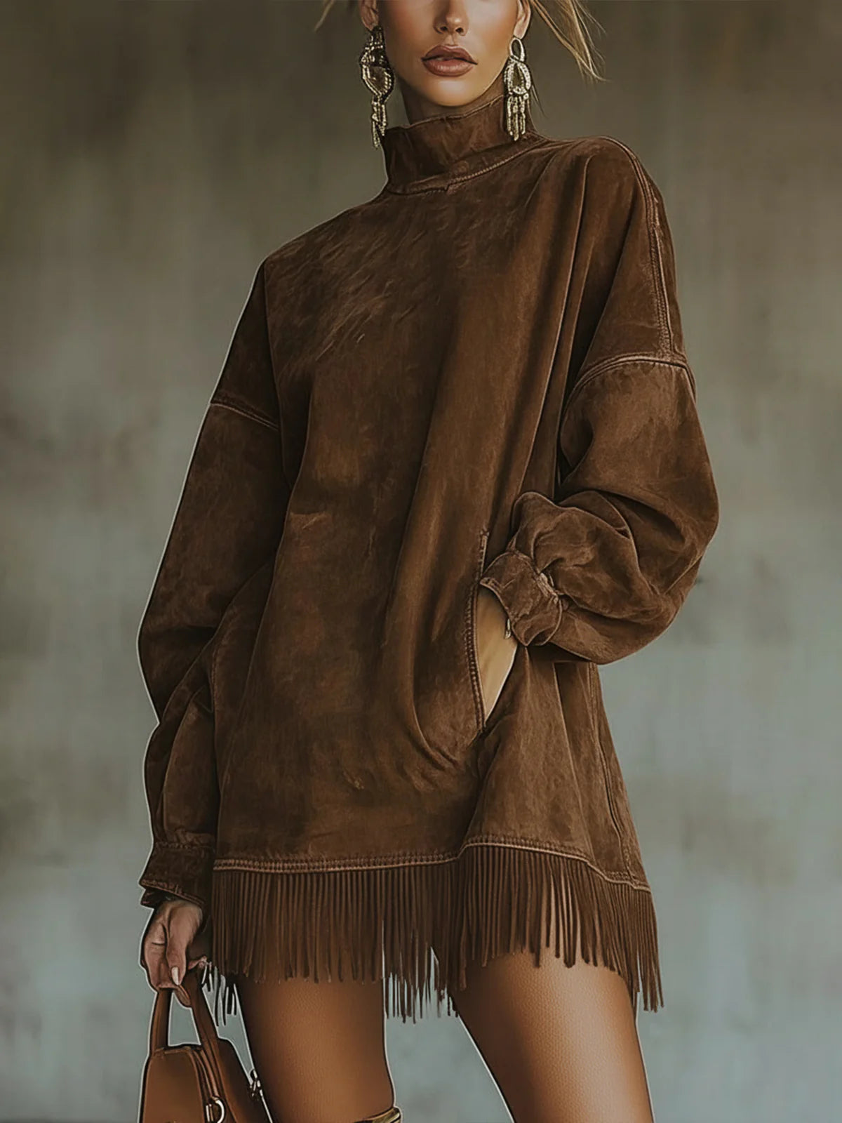 Faux Suede Polokrage Klänning Fransar