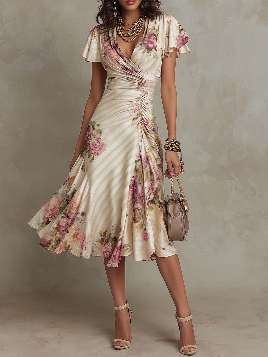 Elegant vintageblommig satin midi-klänning