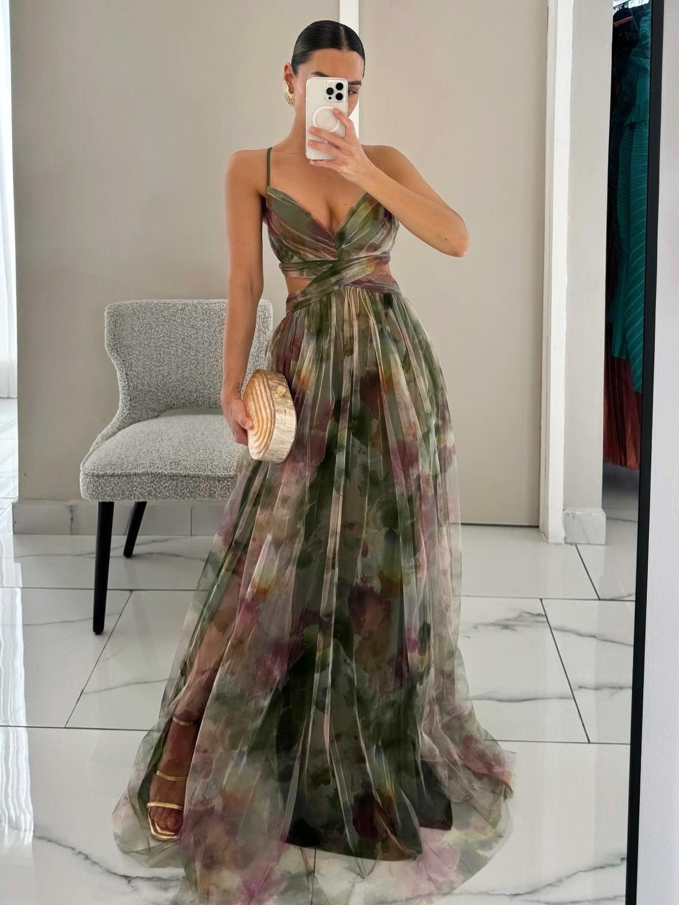 Elegant Målade Blommönster V-Hals Klänning