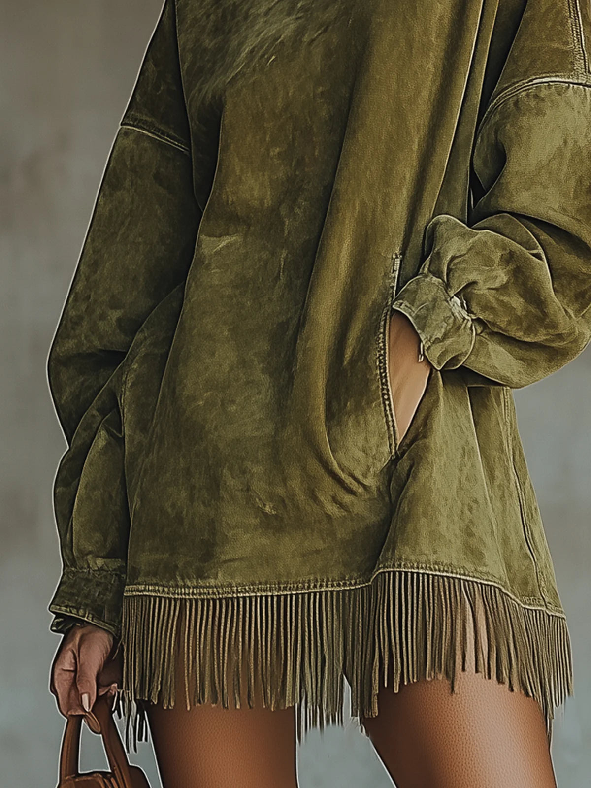 Faux Suede Polokrage Klänning Fransar