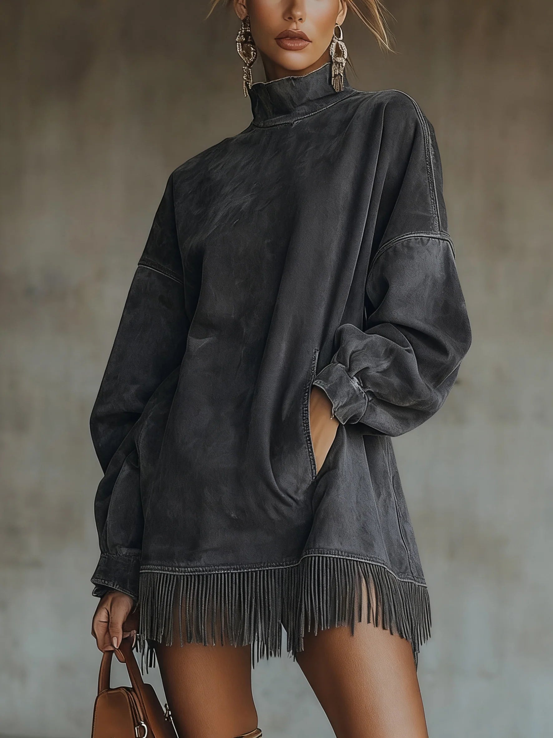 Faux Suede Polokrage Klänning Fransar