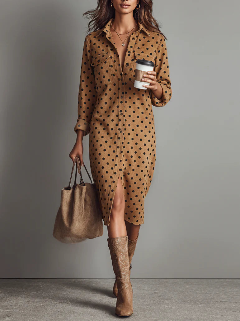 Polka Dot Fuskmocka Skjortklänning Midi