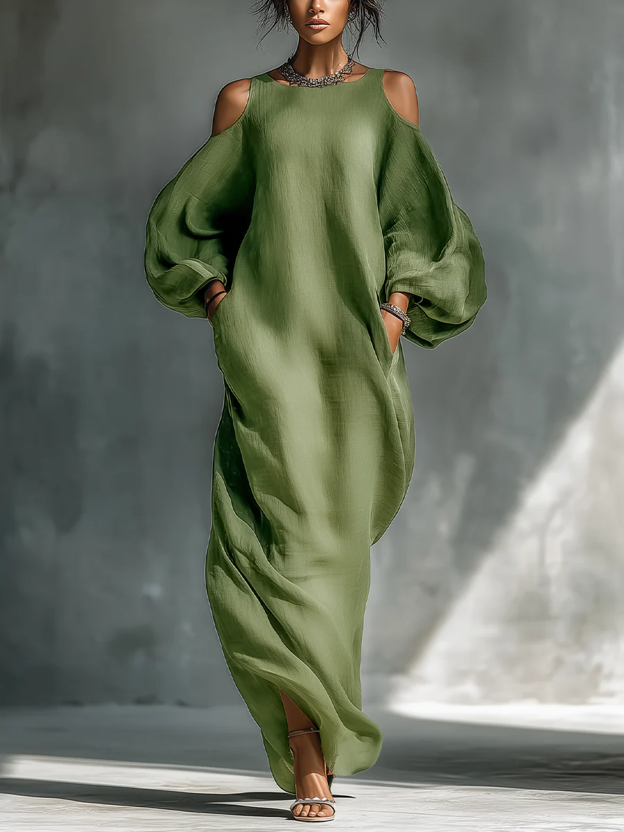 Grön Off-shoulder Oversized Puffärmad Maxiklänning