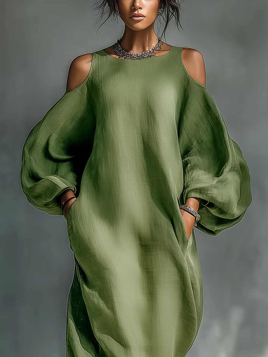 Grön Off-shoulder Oversized Puffärmad Maxiklänning