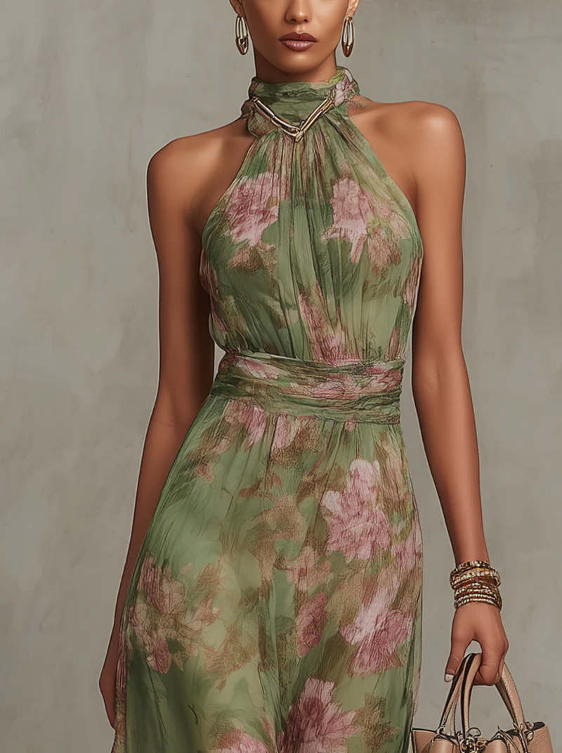 Grön Blommig Chiffon Halterneck Klänning