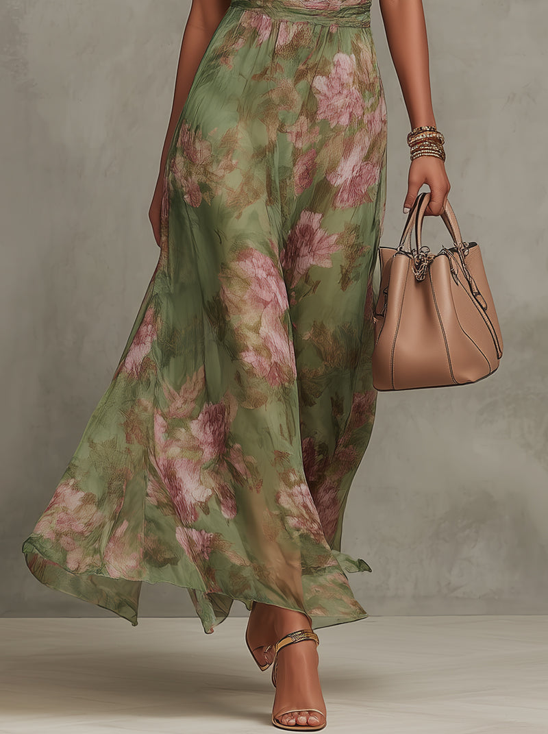 Grön Blommig Chiffon Halterneck Klänning