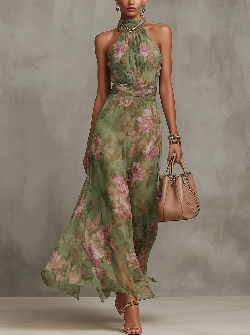 Grön Blommig Chiffon Halterneck Klänning