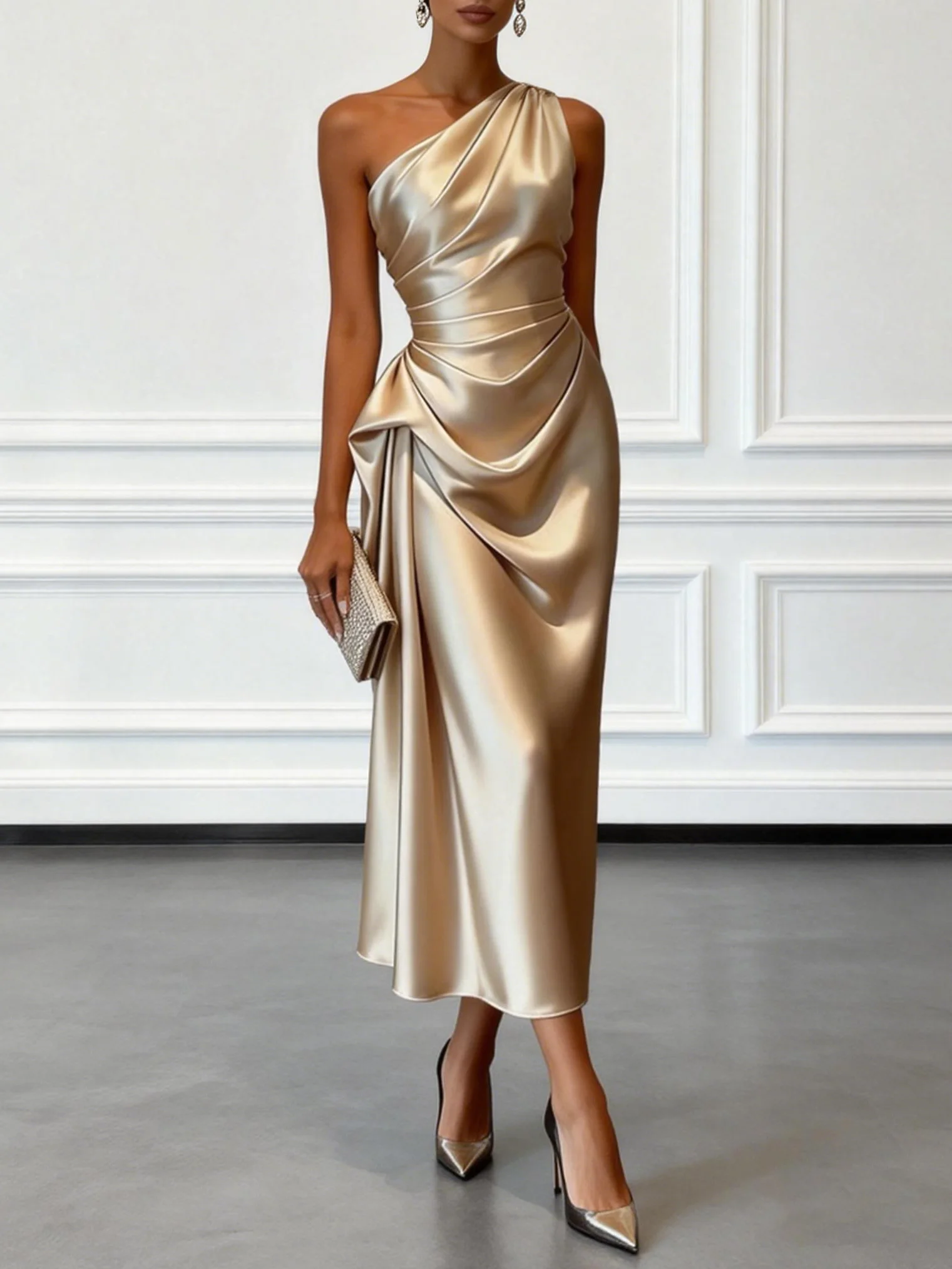 Champagne Satin Enaxlad Ärmlös Klänning