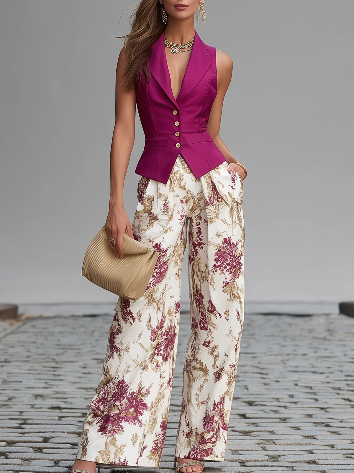Rosa Pink Ärm-lös Väster Set