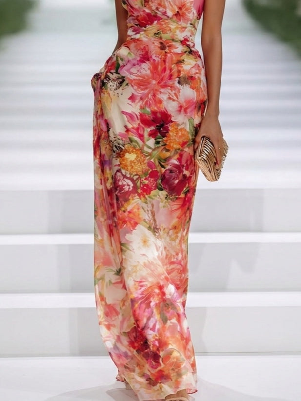 Röd Chiffon Blommig Halterneck Maxiklänning
