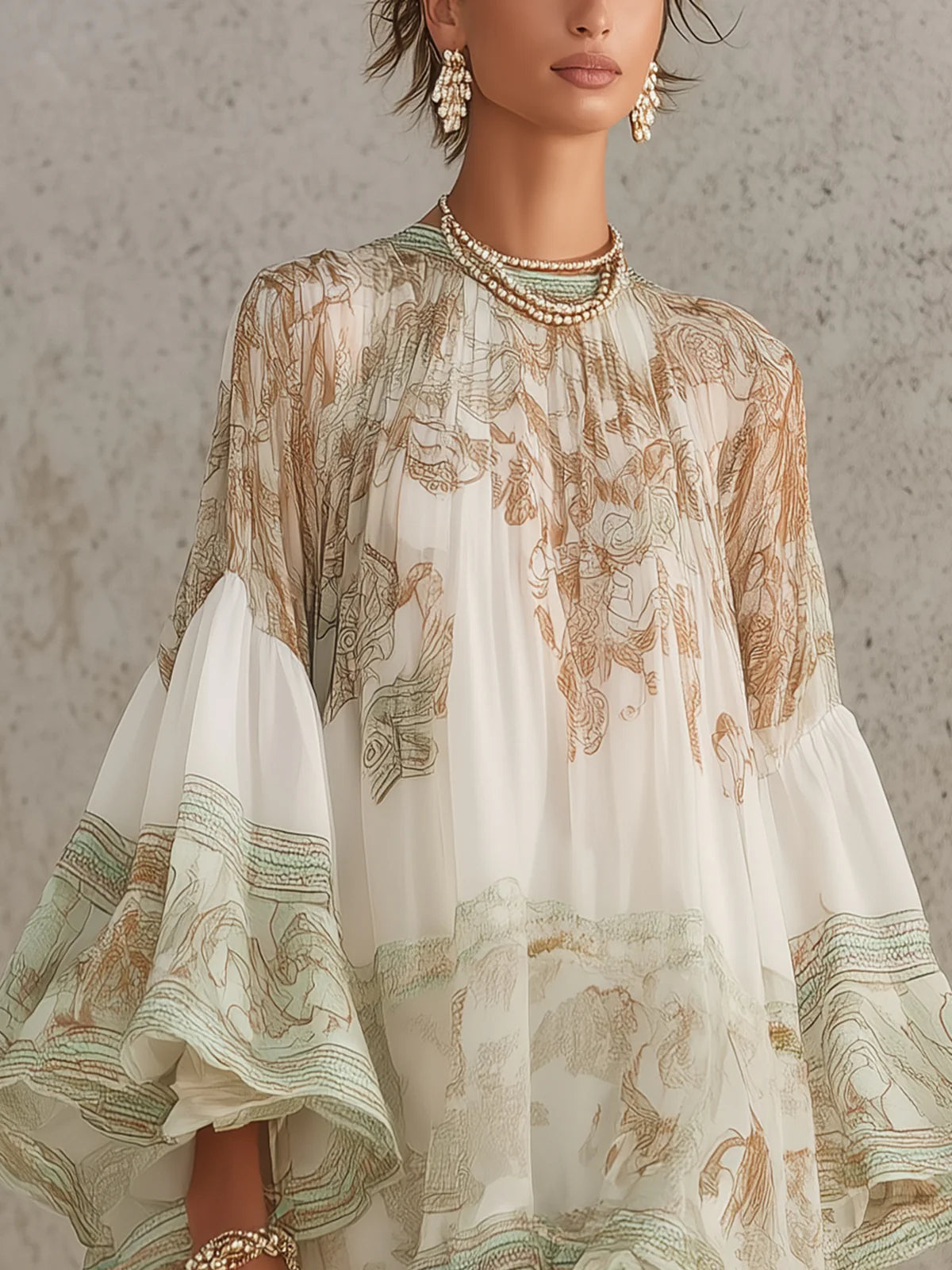 Grön Print Ruffle Hem Klänning