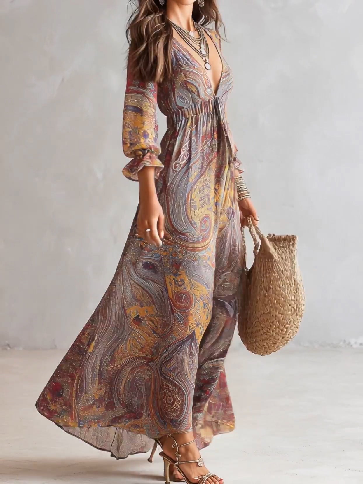 Paisleytryck V-ringad Samlad Chiffon Maxiklänning