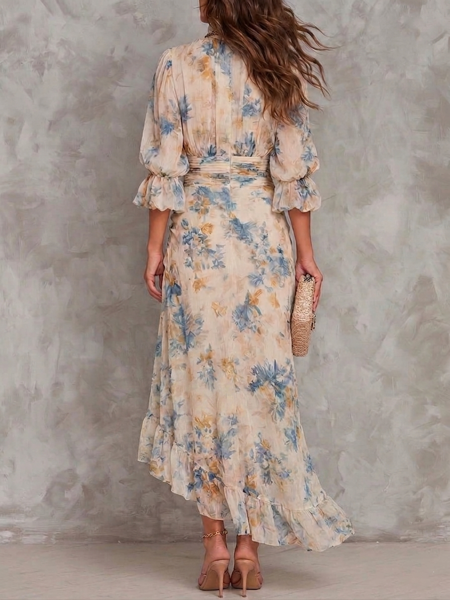 Beige Turtleneck Oljemålning Blommönster Klänning