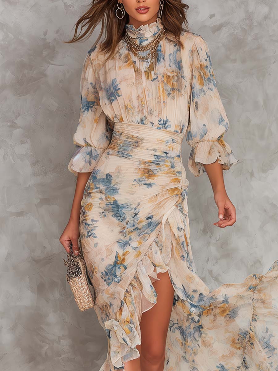 Beige Turtleneck Oljemålning Blommönster Klänning