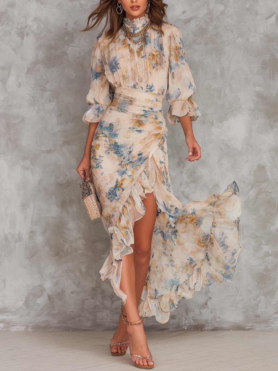 Beige Turtleneck Oljemålning Blommönster Klänning