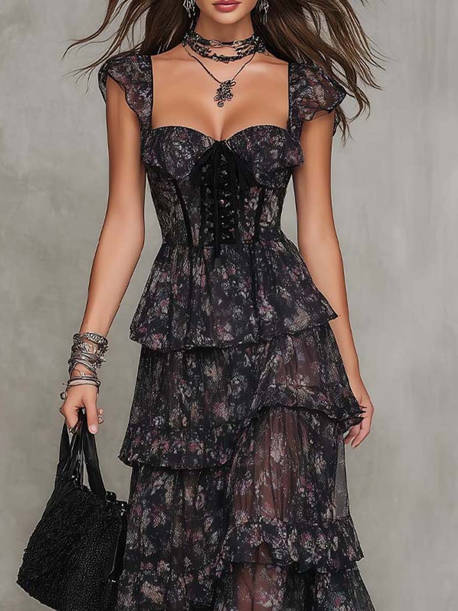 Gothic Floral Corset Tiered Dress