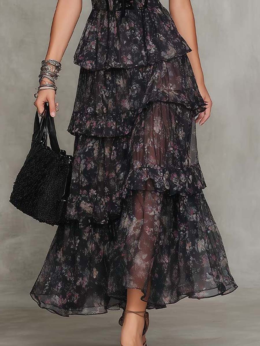 Gothic Floral Corset Tiered Dress