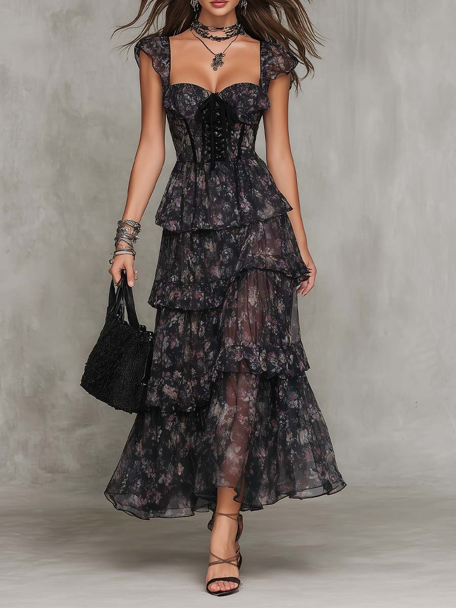 Gothic Floral Corset Tiered Dress