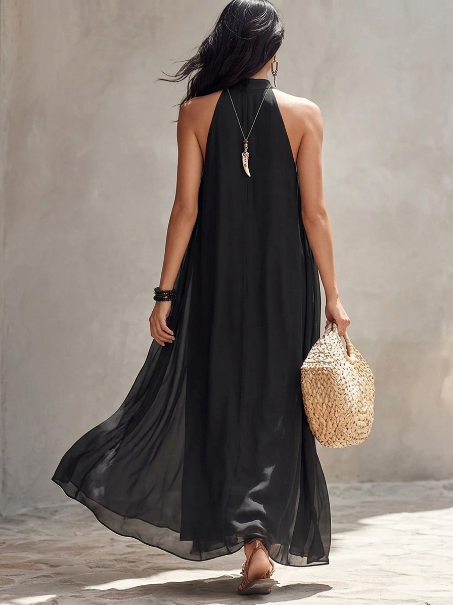 Svart Chiffon Halterneck Plisserad Maxiklänning