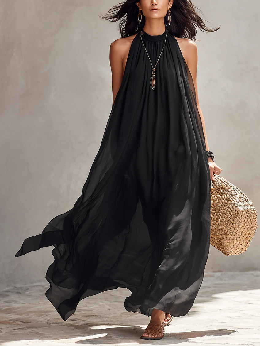 Svart Chiffon Halterneck Plisserad Maxiklänning