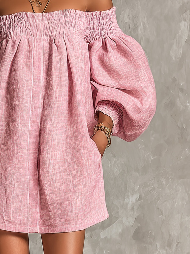 Rosa Off-shoulder Lantern Sleeve Klänning