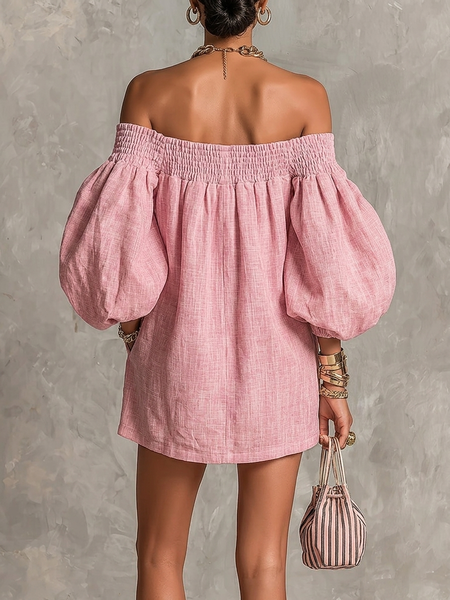 Rosa Off-shoulder Lantern Sleeve Klänning