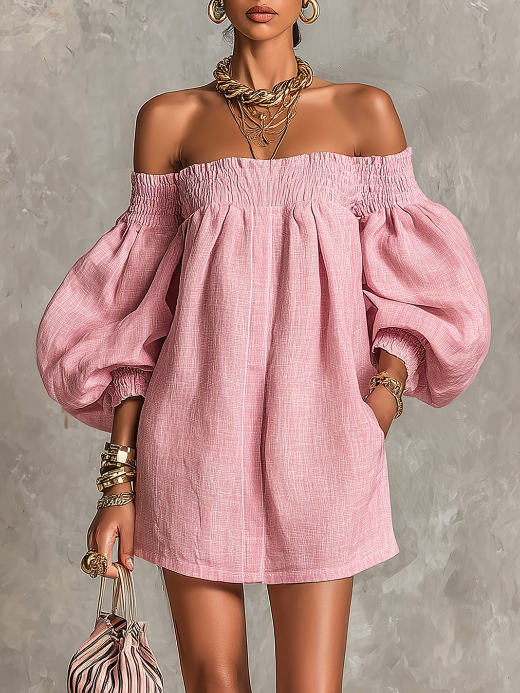 Rosa Off-shoulder Lantern Sleeve Klänning