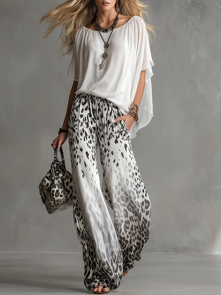 Fluffig Vit T-shirt Leopardmönstrade Set