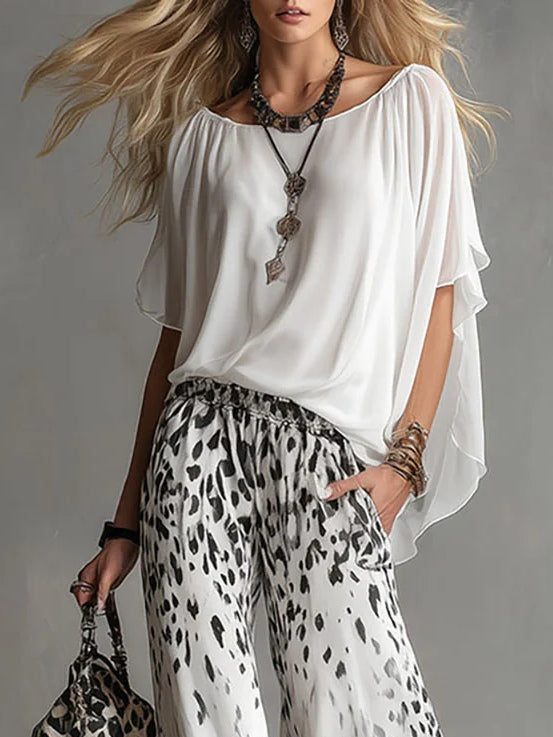 Fluffig Vit T-shirt Leopardmönstrade Set