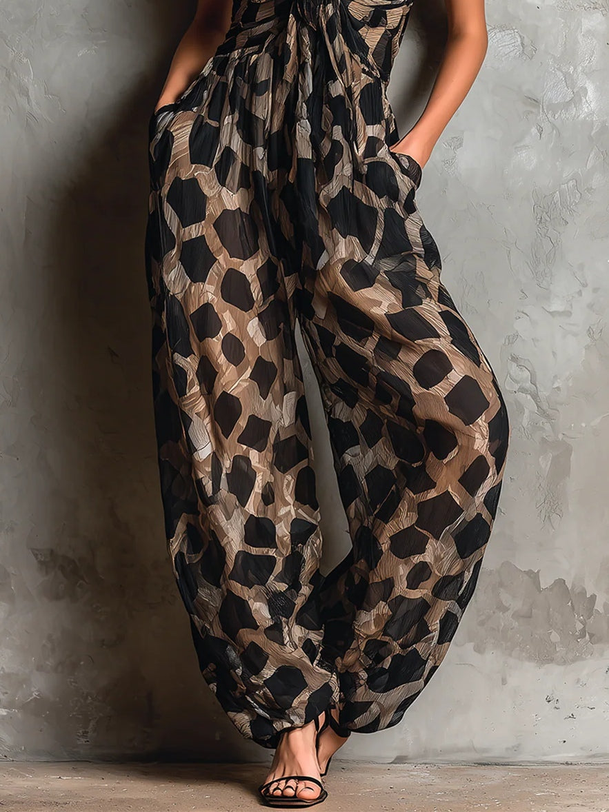 Svart Djurtryck Halterneck Löst Jumpsuit