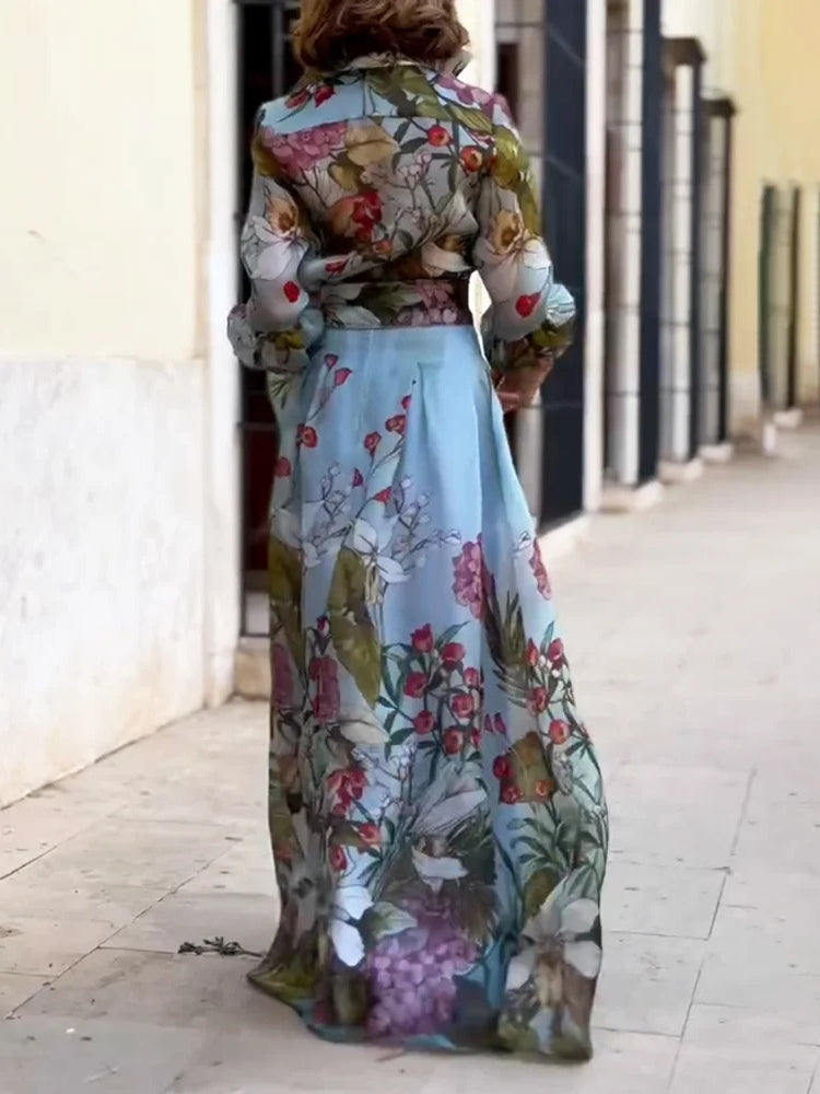 Elegant blommönstrad skjorta kjol set