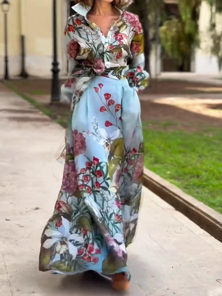 Elegant blommönstrad skjorta kjol set