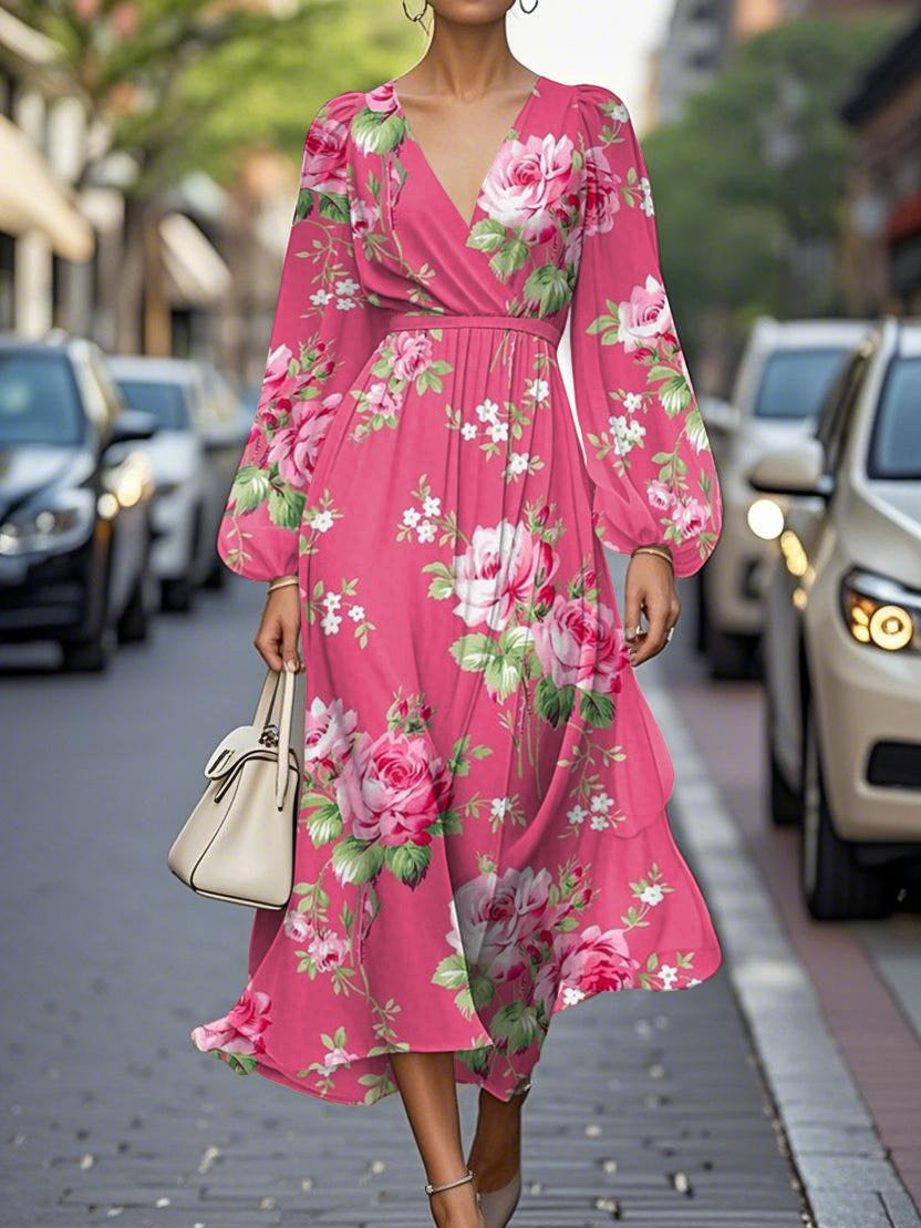 Elegant Blommig V-ringad Chiffon Klänning
