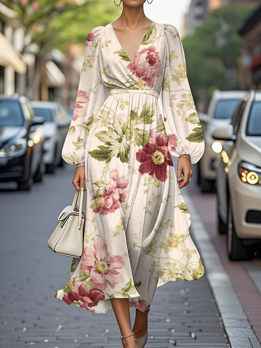 Elegant Blommig V-ringad Chiffon Klänning