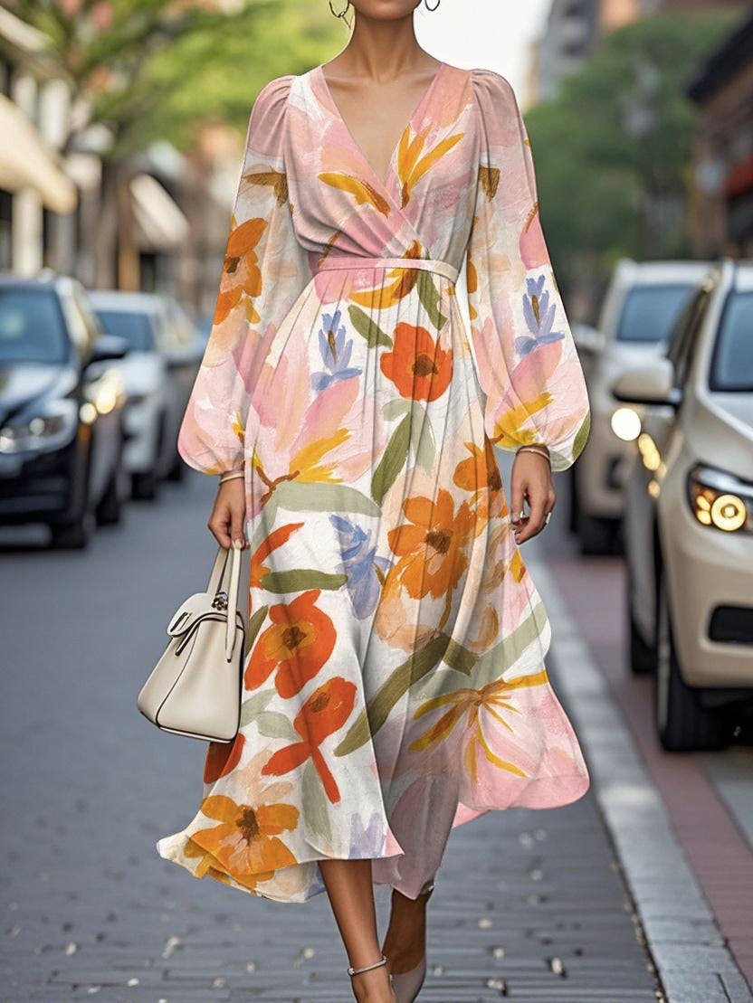 Elegant Blommig V-ringad Chiffon Klänning