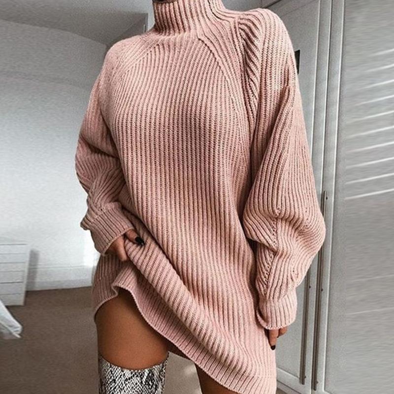 Daglig Raglanärmar Turtleneck Tröja Klänning