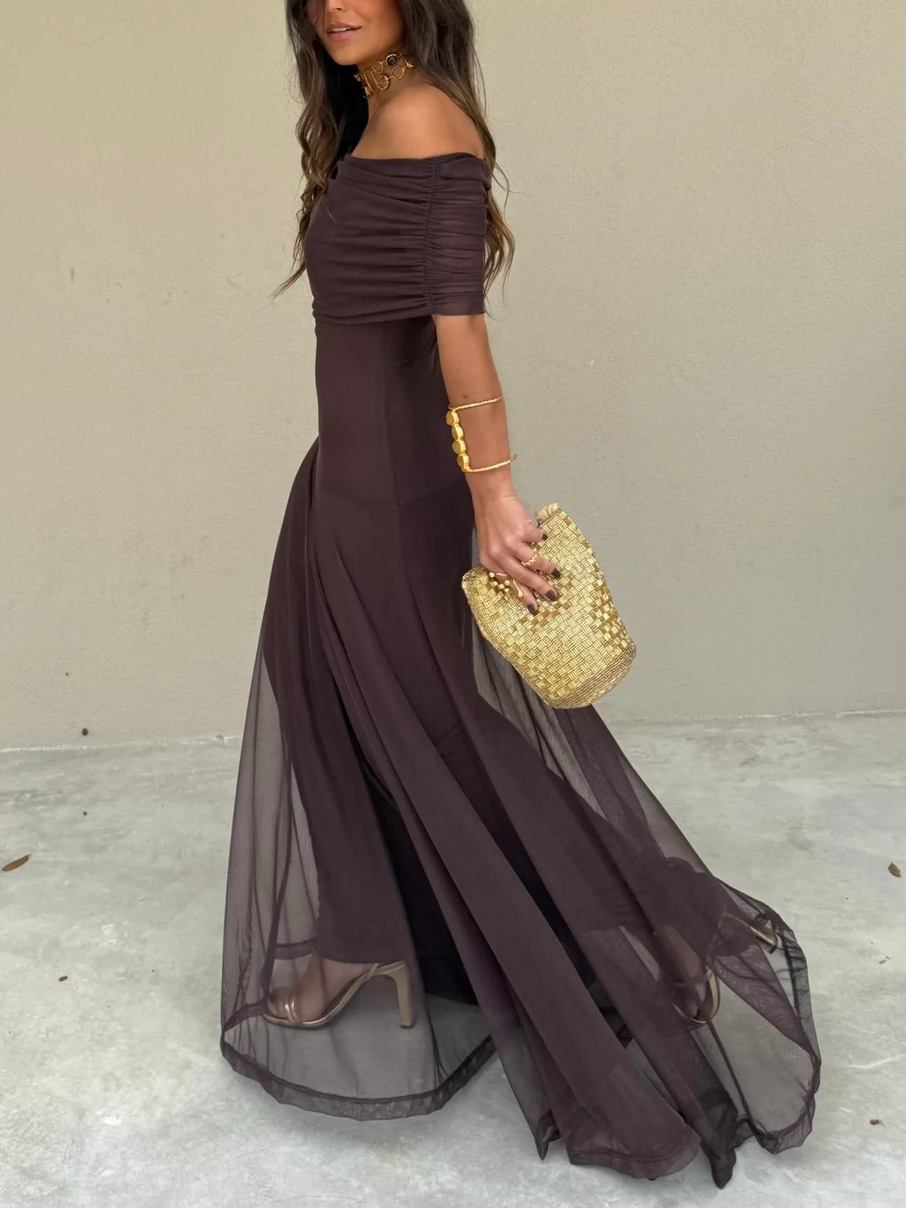 Brun Enaxlad Mesh Maxi Klänning
