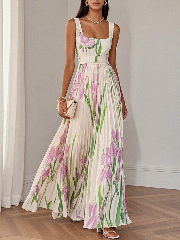 Vit Plisserad Blommig Chiffon Klänning