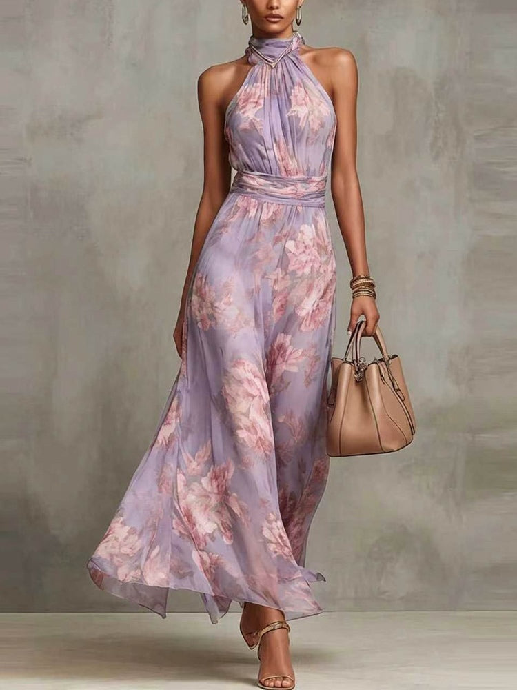 Grön Blommig Chiffon Halterneck Klänning