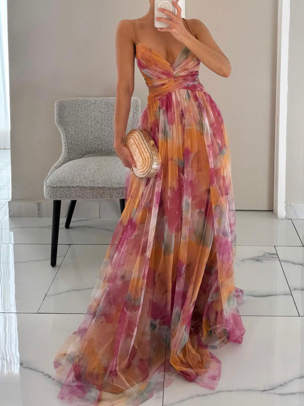 Elegant Målade Blommönster V-Hals Klänning