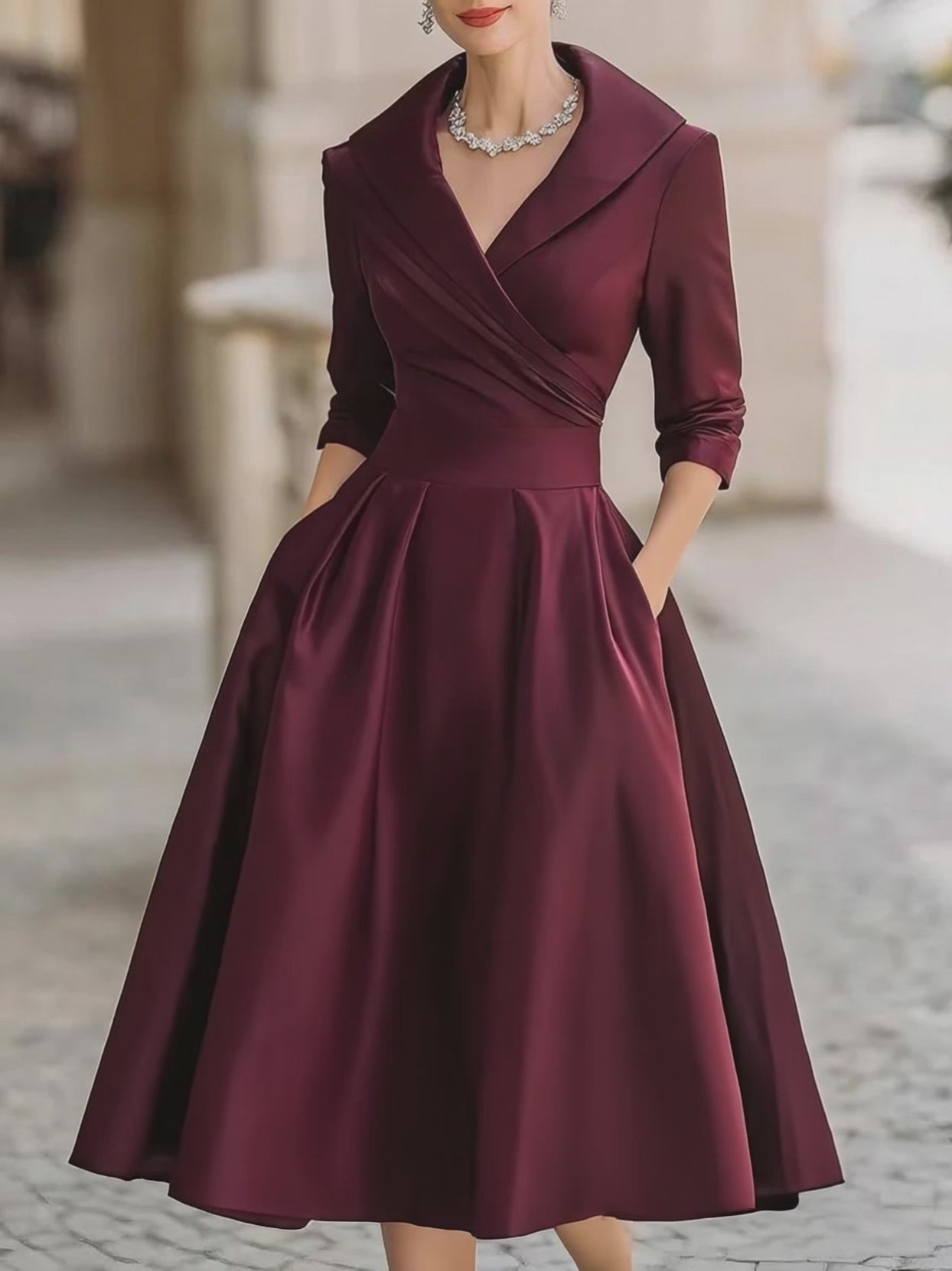 Elegant svart satin plisserad midi-klänning